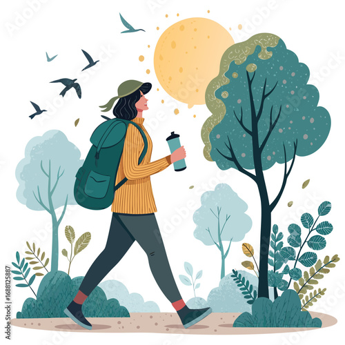Vector art of a woman with a backpack and water bottle is hiking through a forest with trees, birds, and the sun, enjoying the beauty of nature