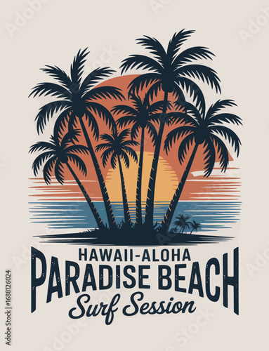 A lively tropical paradise image capturing surfers, palm trees, and a stunning sunset, representing the joy of surfing and the vibrancy of island life and adventure.