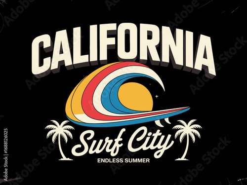A stunning and nostalgic surf-themed design showcasing an iconic stylized wave and sun, representing the carefree spirit of summer and the vibrant culture of surfing in California.