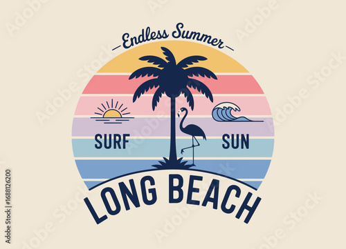 An artistic depiction of endless summer in Long Beach, characterized by a palm tree, sun, flamingo, and ocean waves, signifying relaxation and enjoyment by the beach.