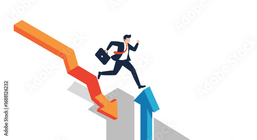Dynamic businessman leaps toward success over market dips, showing resilience and professional growth