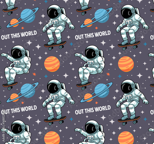 A fun illustration of an astronaut skating on a skateboard, orbiting vibrant planets, showcasing a blend of adventure and space exploration in a playful style.