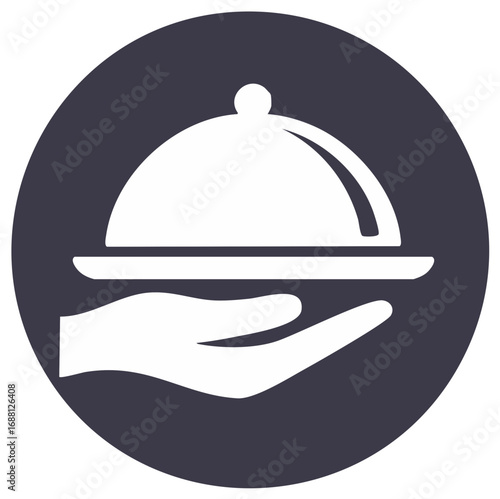Icon of a hand holding a serving plate covered with a lid within a dark circle