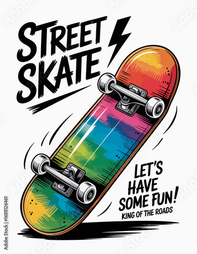 A vibrant skateboard with a unique rainbow design embodies fun and creativity in urban street culture, perfect for inspiring young skaters and enthusiasts alike.