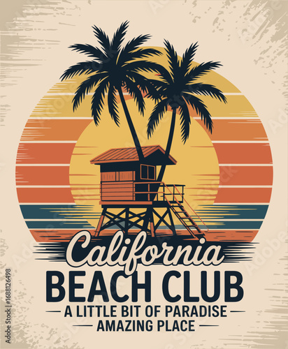 An artistic representation of a California beach club showcasing a lifeguard tower, palm trees, and a colorful sunset, perfect for evoking wanderlust and summer vibes.