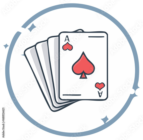 Illustration of playing cards featuring ace of spades within a blue circle design