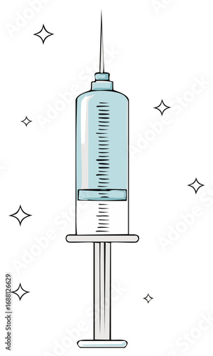 Stylized syringe with sparkling details, conveying a sense of hope and scientific advancement.