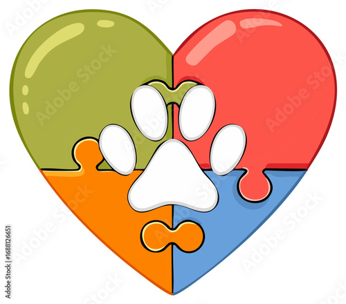 Colorful Heart Puzzle Featuring a White Dog Paw Perfect for Animal Rescue Illustrations