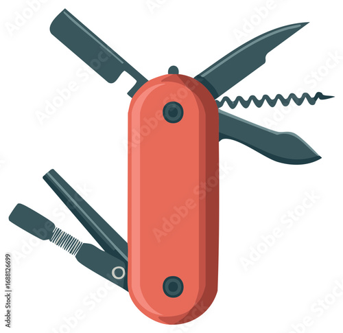 Red multi tool with various open blades including knife corkscrew and screwdriver vector illustration