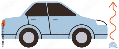 Blue vehicle profile with bold black outlines, orange-red arrow rising in a wavy path. Ideal for transportation, energy, movement, automotive concepts, speed, eco-drive, and innovation visuals
