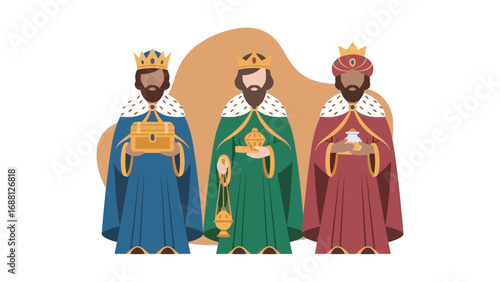 Three Wise Men carrying gifts, also known as the Magi, depicted in a stylized illustration, representing Epiphany and the Nativity story