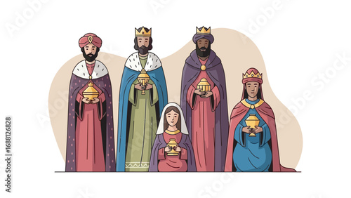 Three Wise Men and a Queen with Gifts, Religious Christmas Nativity Scene, Illustration of the Magi Bringing Treasures for the Infant Jesus, Festive Christian Art Celebrating Epiphany