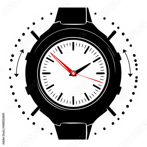 Black and white wristwatch illustration showing time concepts and buttons