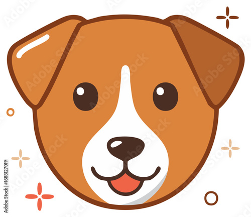 Cartoon dog face illustration, puppy animal head with brown fur and happy expression, vector graphics