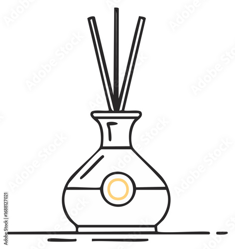 Minimalist line art icon of an aroma reed diffuser with sticks. Home fragrance and wellness vector illustration.