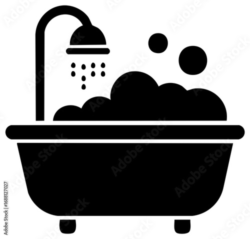Stylized bathtub with shower head, bubbles, and foam representing hygiene and cleaning.