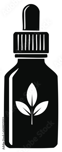 Simple black silhouette of an essential oil dropper bottle with a plant logo for natural remedies