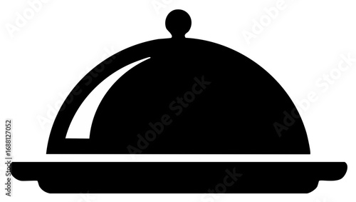 Black and white illustration of a covered serving dish icon, isolated.