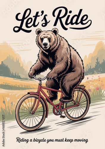 This original artwork depicts a bear riding a bicycle, creatively blending humor with the idea of leisure and the joy of motion in a colorful and engaging style.