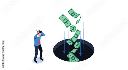 Worried businessman losing money down the drain, symbolizing financial problems and economic downturn
