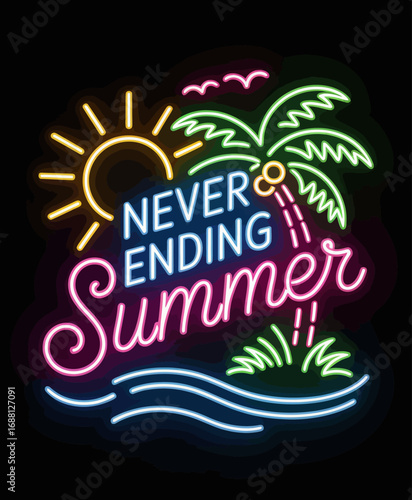 This neon-themed artwork features palm trees and ocean waves, encapsulating the carefree spirit of summer and the joy of tropical escapes by the sea.