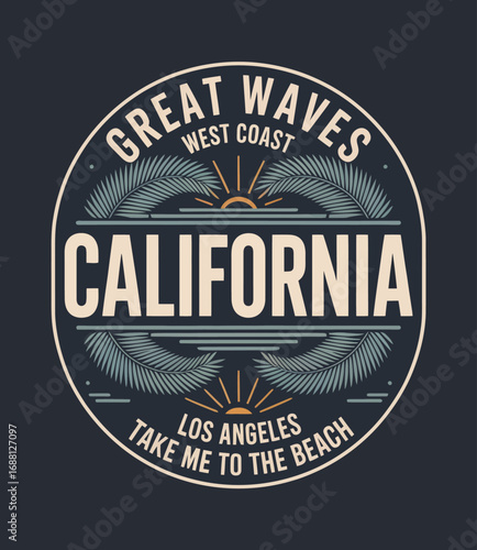 This vibrant design features California-themed elements with great waves, invoking a sense of adventure and relaxation, perfect for beach lovers and enthusiasts alike.