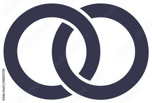 Two interlocking wedding rings icon symbolizing marriage, love, and union. Simple flat vector graphic of joined circles.