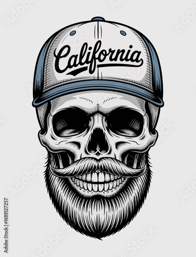 This image features an artistic skull with a California cap and an impressive beard and mustache, merging elements of humor and street culture in a striking visual style.