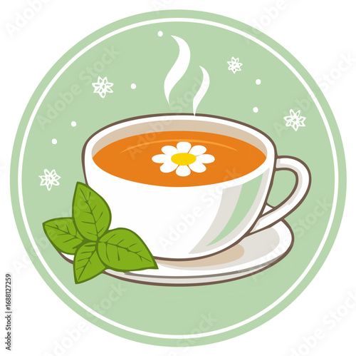 Cartoon illustration of tea cup with chamomile flower and mint leaves in a green circle.