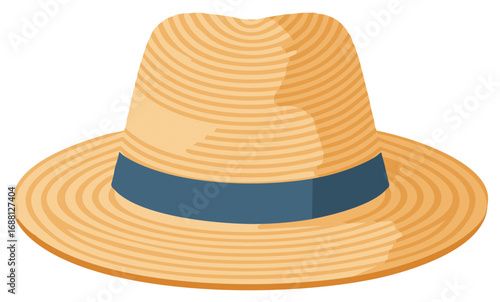 Stylized Flat illustration of a straw fedora hat with a blue band for summer