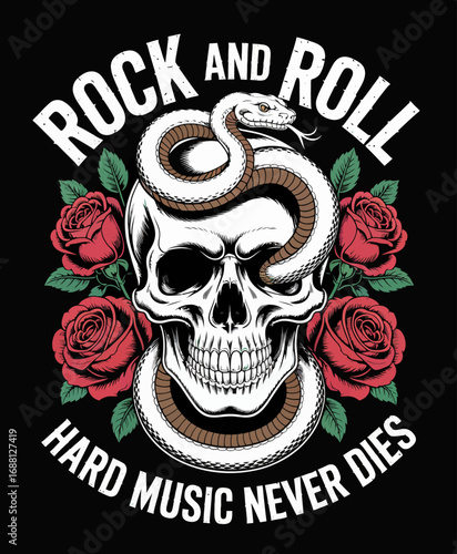 This captivating piece of art displays a skull with a snake and roses intertwined, symbolizing themes of mortality and the enduring power of rock music.