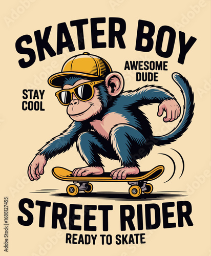 An energetic illustration of a monkey skater boy performing tricks on his skateboard, embodying a daring spirit and fun attitude in a skateboarding lifestyle.
