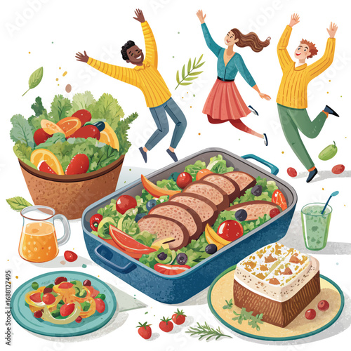Vector art of cheerful people celebrating healthy food, with salad, meat, cake, and juice, promoting a balanced diet and joyful lifestyle