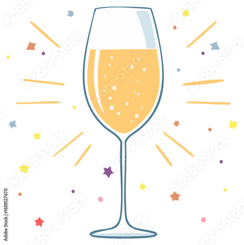 Celebratory glass of sparkling champagne with festive confetti and stars