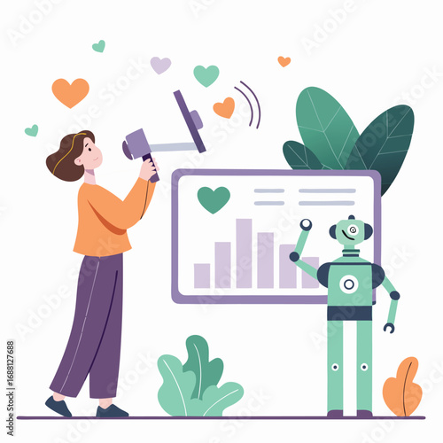 Vector art of a woman is using a megaphone to promote her business with the help of a robot, and the business is growing with love and support