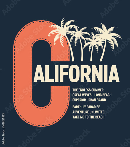 This modern design highlights California lettering accompanied by palm graphics, encapsulating the adventurous spirit and tropical appeal of the Golden State.