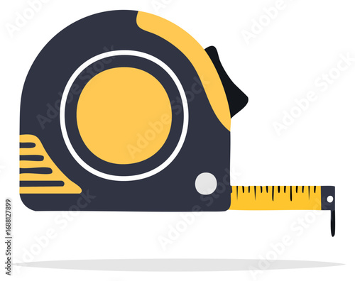 Illustrative tape measure with extended blade showing measurements; DIY, construction and home renovation tool in flat design.