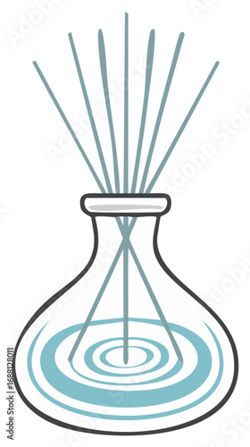 Reed diffuser with blue liquid and ripples in a glass bottle