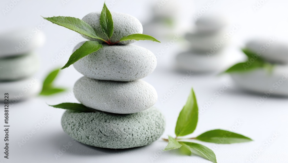 Obraz premium Stacked light gray stones, topped with fresh green leaves, on a light background