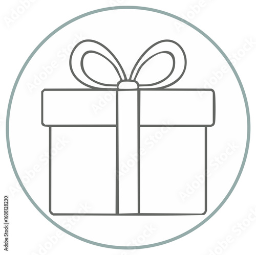 Minimalist Outline of Gift Box with Ribbon and Bow Inside of Circle Shape Graphic