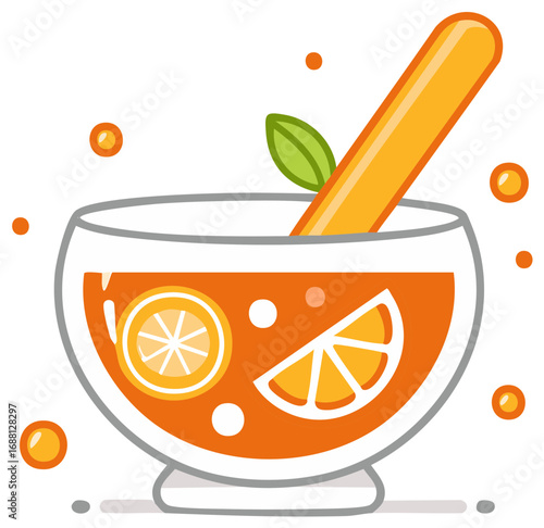 Refreshing citrus punch in a modern glass bowl with orange slices mint and a stirring stick vector illustration