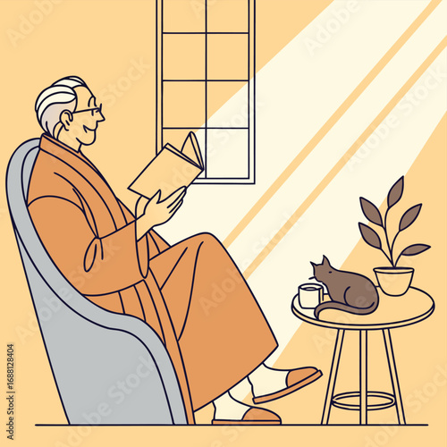 Vector art of senior man relaxing at home, reading a book in his armchair with his cat, plant and a cup of coffee on the side table