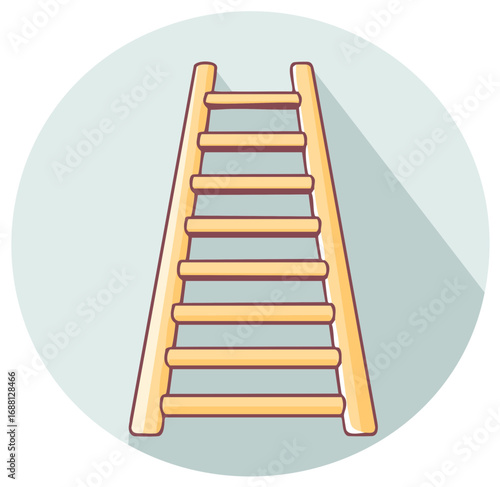 Wooden ladder illustration with long shadow, light blue circle backdrop, success concept