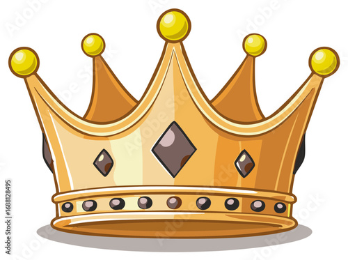 Cartoon golden crown illustration with spheres and diamonds symbol of power and royalty.