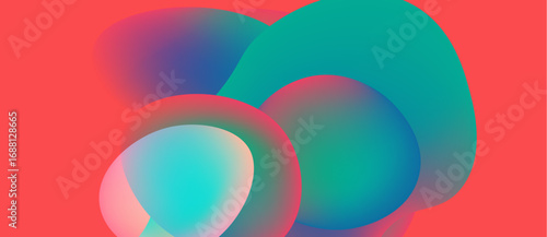 Abstract shapes overlap, creating vibrant color gradients. Red background contrasts with blues, teals, purples. Fluidity dominates composition.