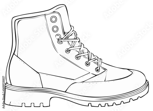 Detailed outline of a boot, lace up, monochrome