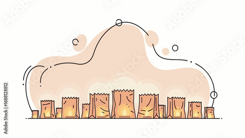 Paper bag city skyline illustration with warm light glowing from windows and a surreal cloud shape above symbolizing dreams or aspirations for urban development and growth
