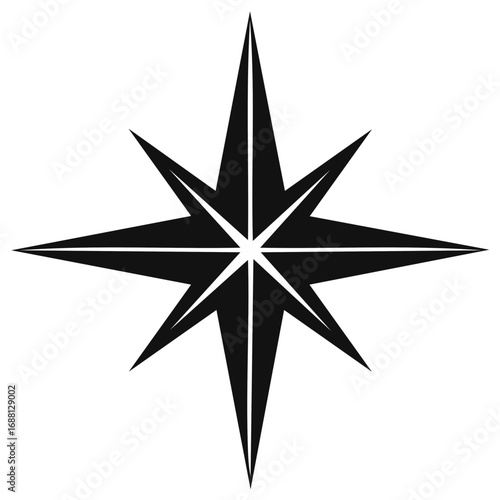 Eight Point Compass Rose Design in Black Silhouette Against White Background, Navigation Symbol Direction Guide