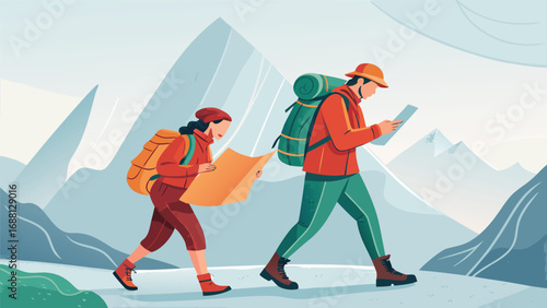 Vector art of two hikers are trekking through the mountains, using a map and a phone to navigate the scenic trail, surrounded by nature and beauty