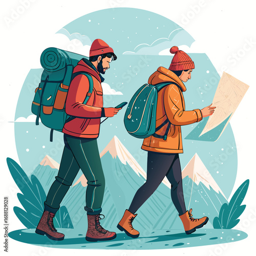 Vector art of two hikers, a man and a woman, are walking through a snowy mountain landscape, consulting a map and a phone, enjoying the winter adventure
